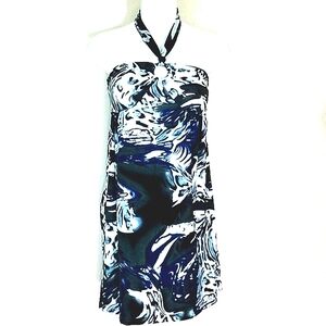 Sundress halter tie abstract leopard floral Print stretch  black blue white S
